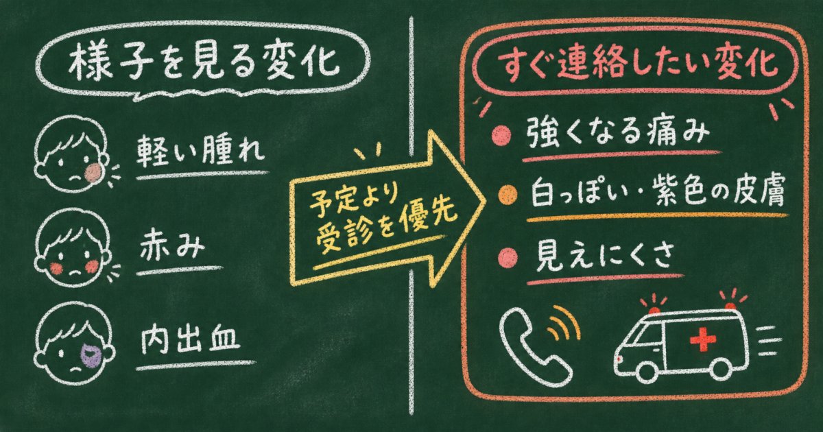 強い痛みや色の変化が出たら、予定より受診を優先